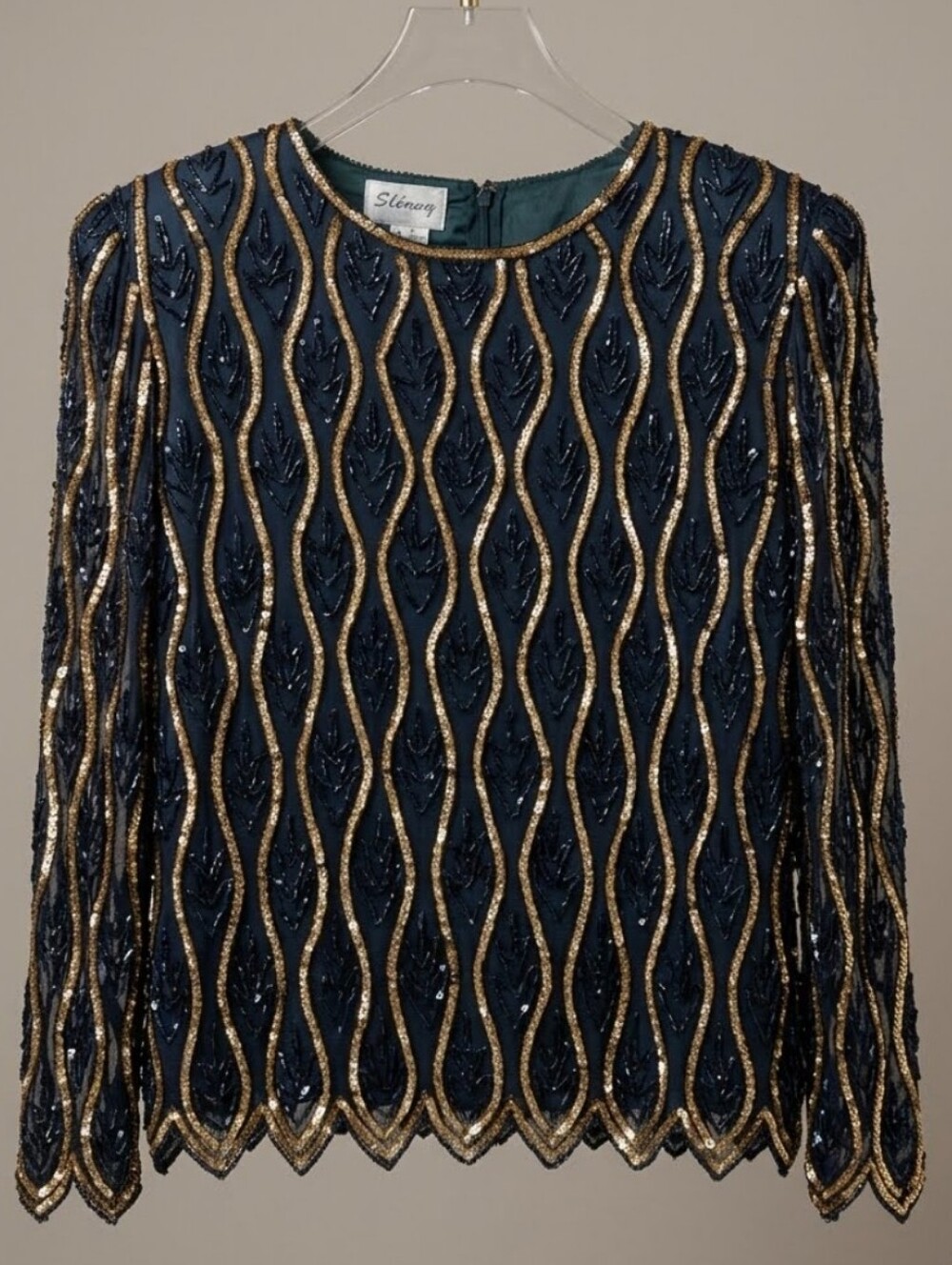 STENAY Vintage Green & Gold Silk Sequin Long-Sleeve Evening Top Sz L